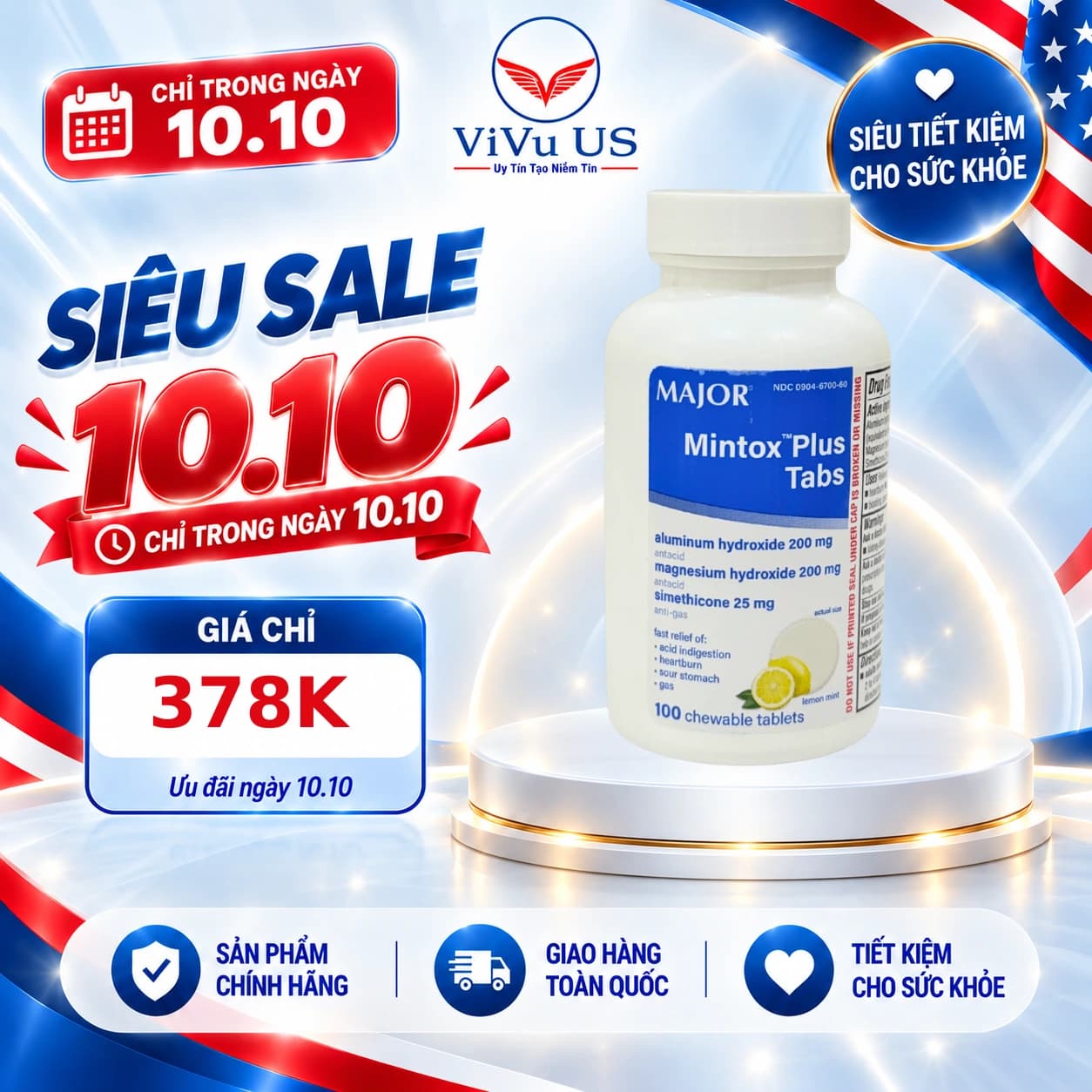 Viên Nhai Major Mintox Plus Tabs Antacid 100 Viên của Mỹ