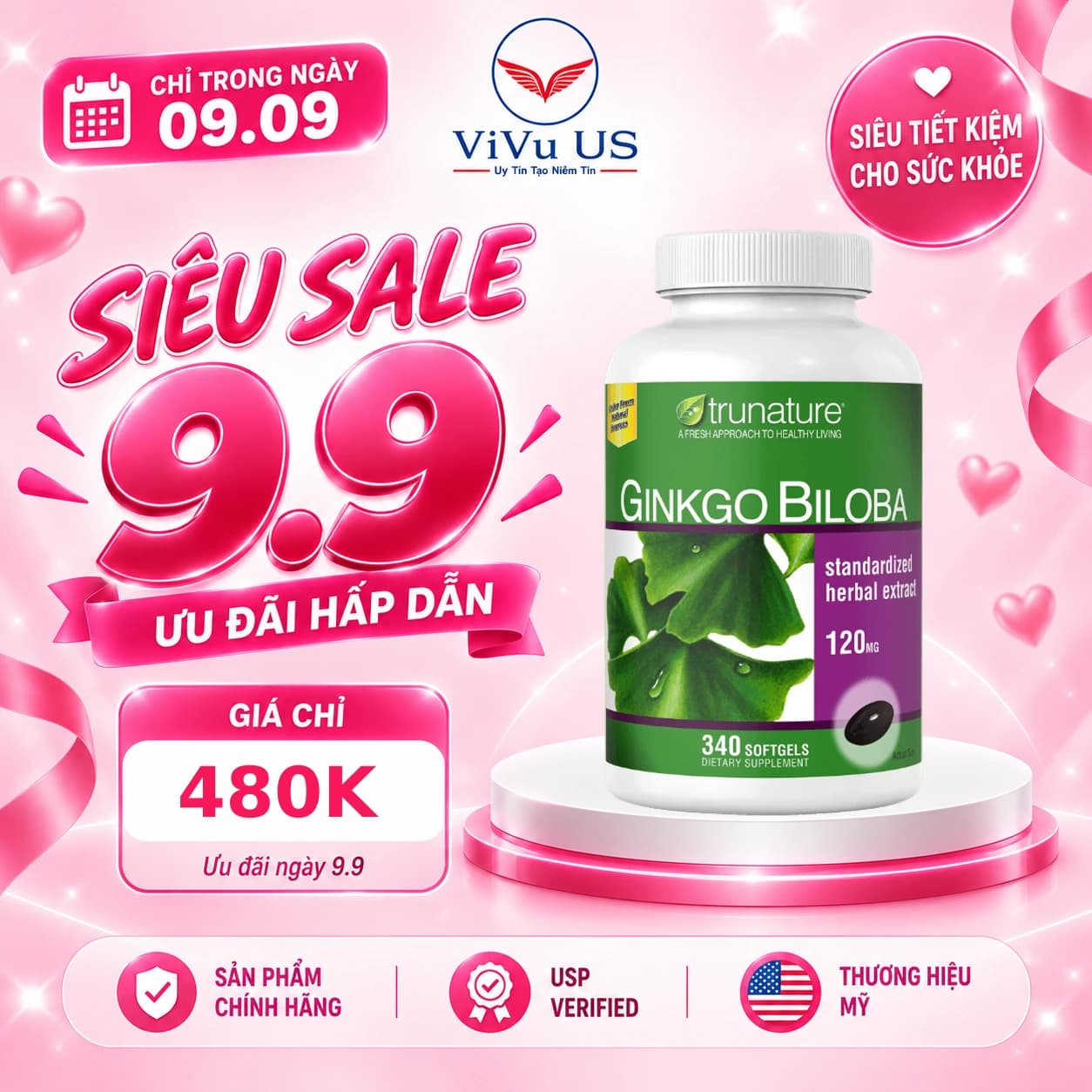 Viên Uống Bổ Não Ginkgo Biloba Trunature 340 Viên của Mỹ