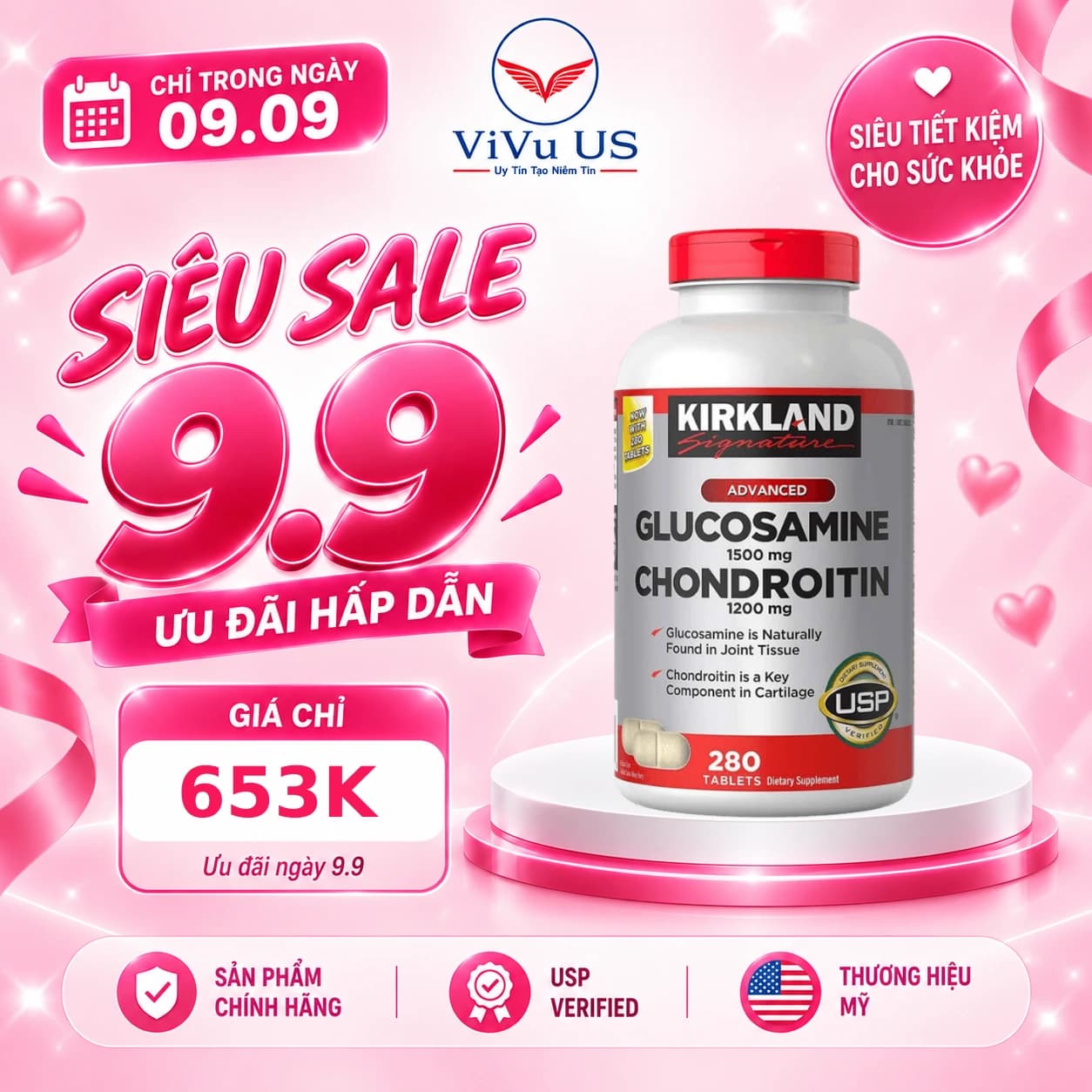Viên Uống Glucosamine 1500mg Chondroitin 1200mg 280 Viên của Mỹ