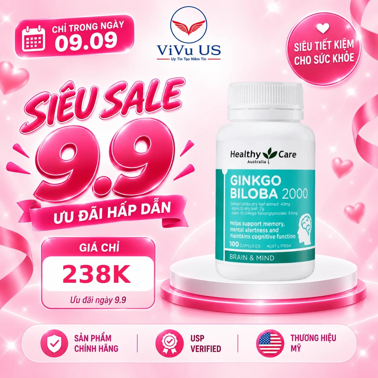 Viên Uống Ginkgo Biloba 2000mg Healthy Care 100 Viên của Úc