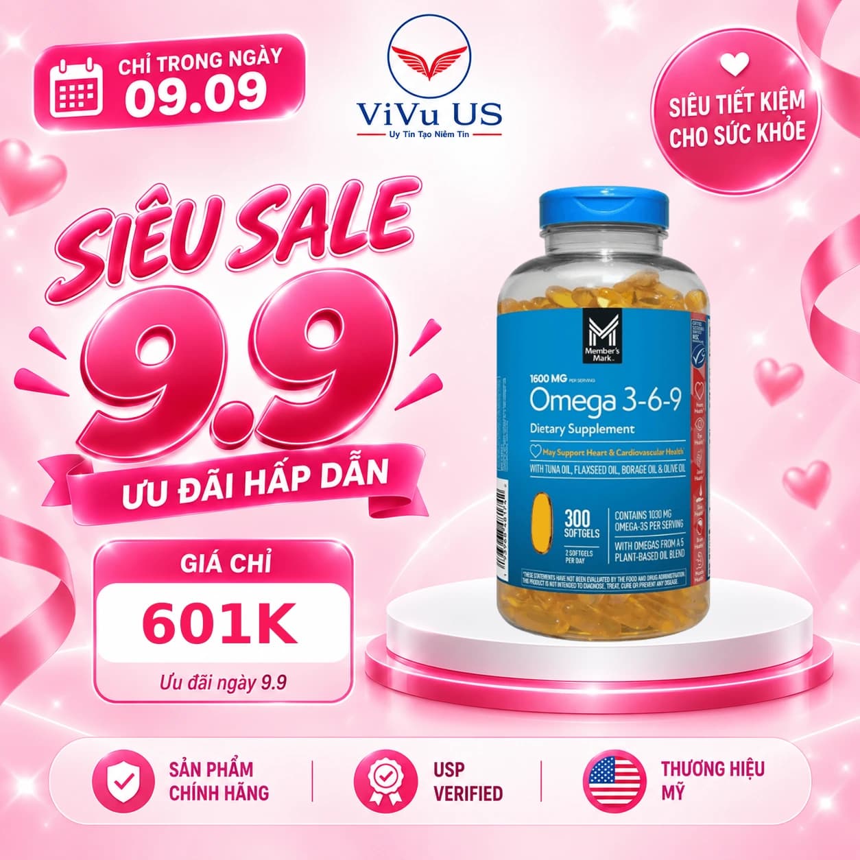 Viên Uống Omega 3-6-9 Member's Mark 1600mg 300 Viên của Mỹ