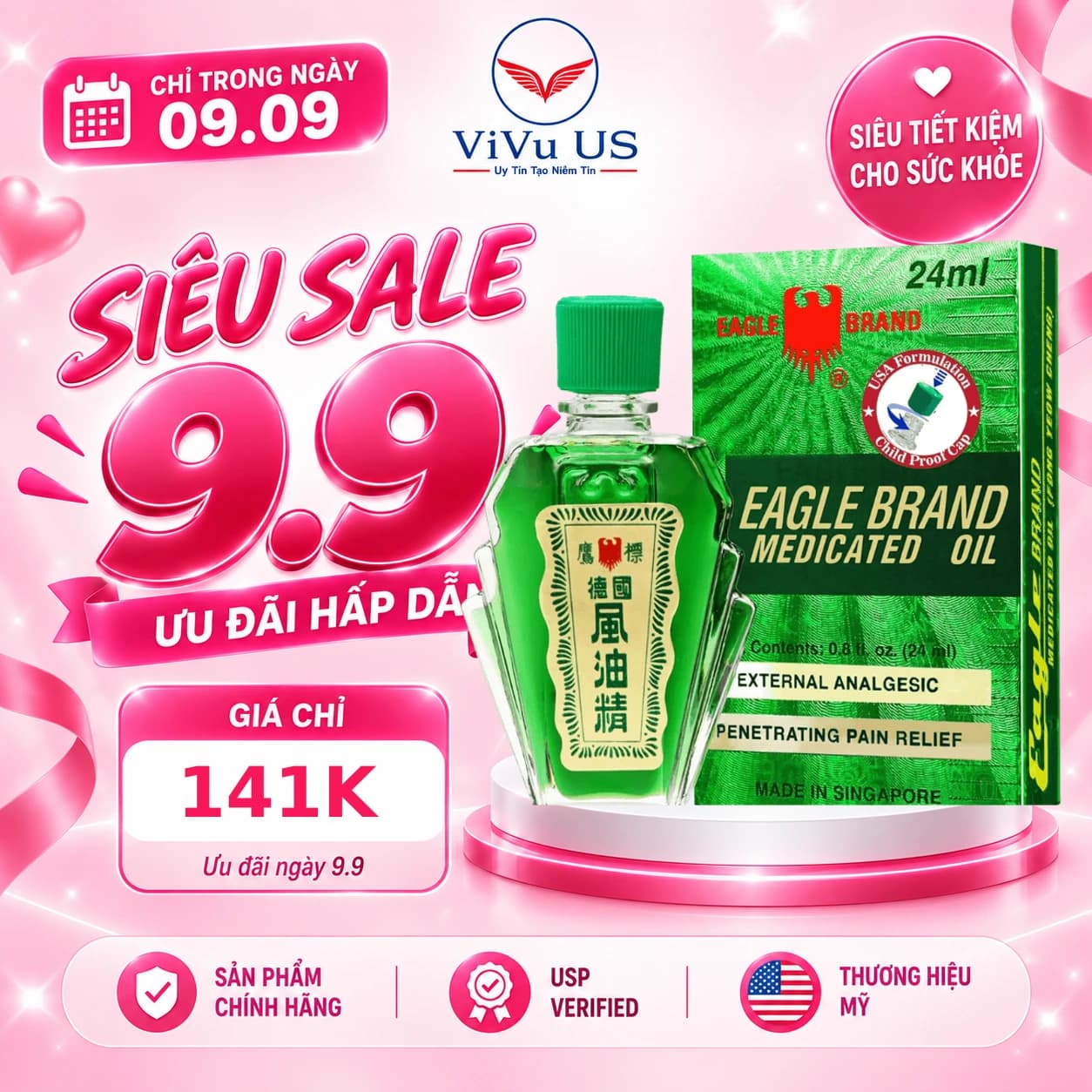 Dầu Gió Xanh 2 Nắp Con Ó Eagle Brand 24ml của Mỹ