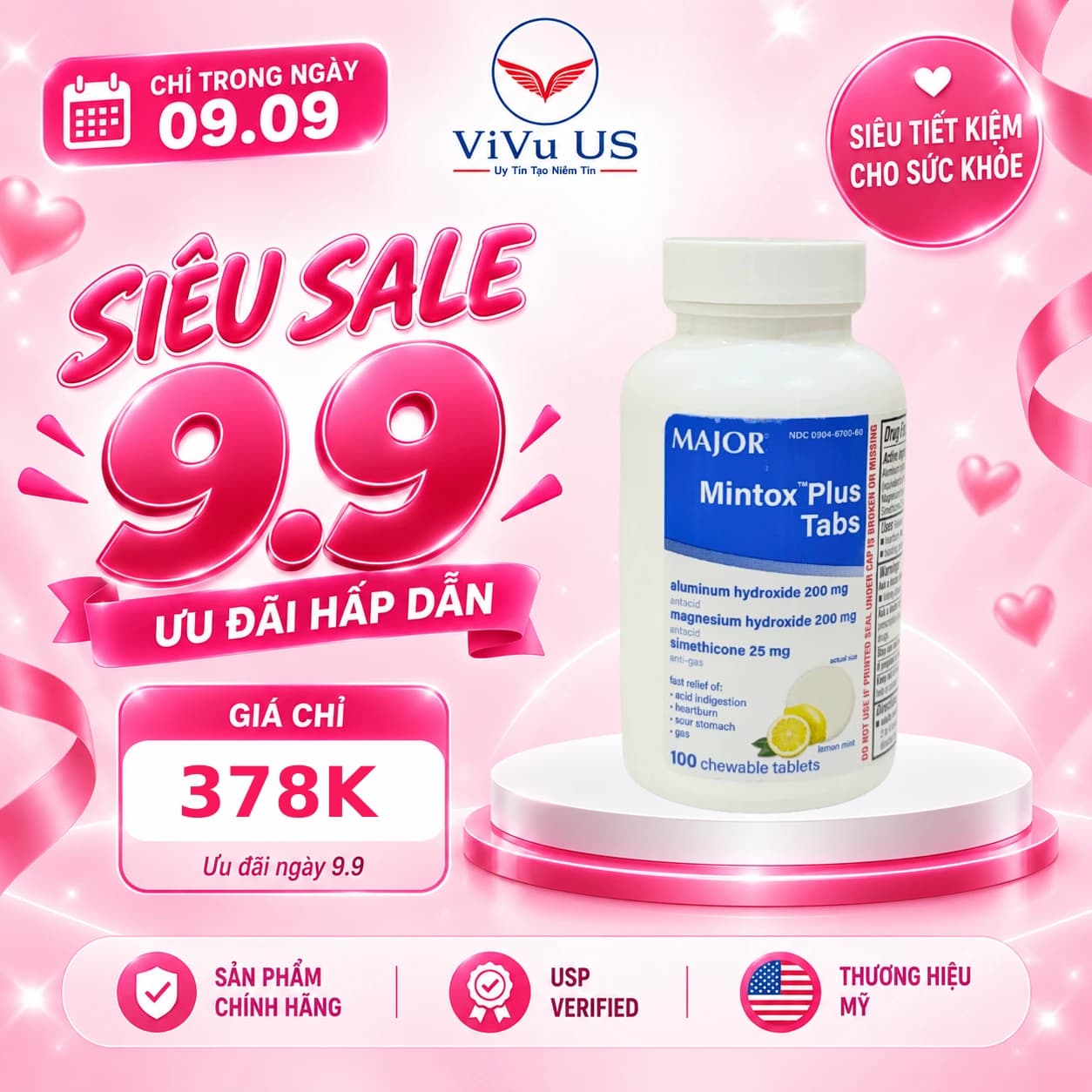 Viên Nhai Major Mintox Plus Tabs Antacid 100 Viên của Mỹ