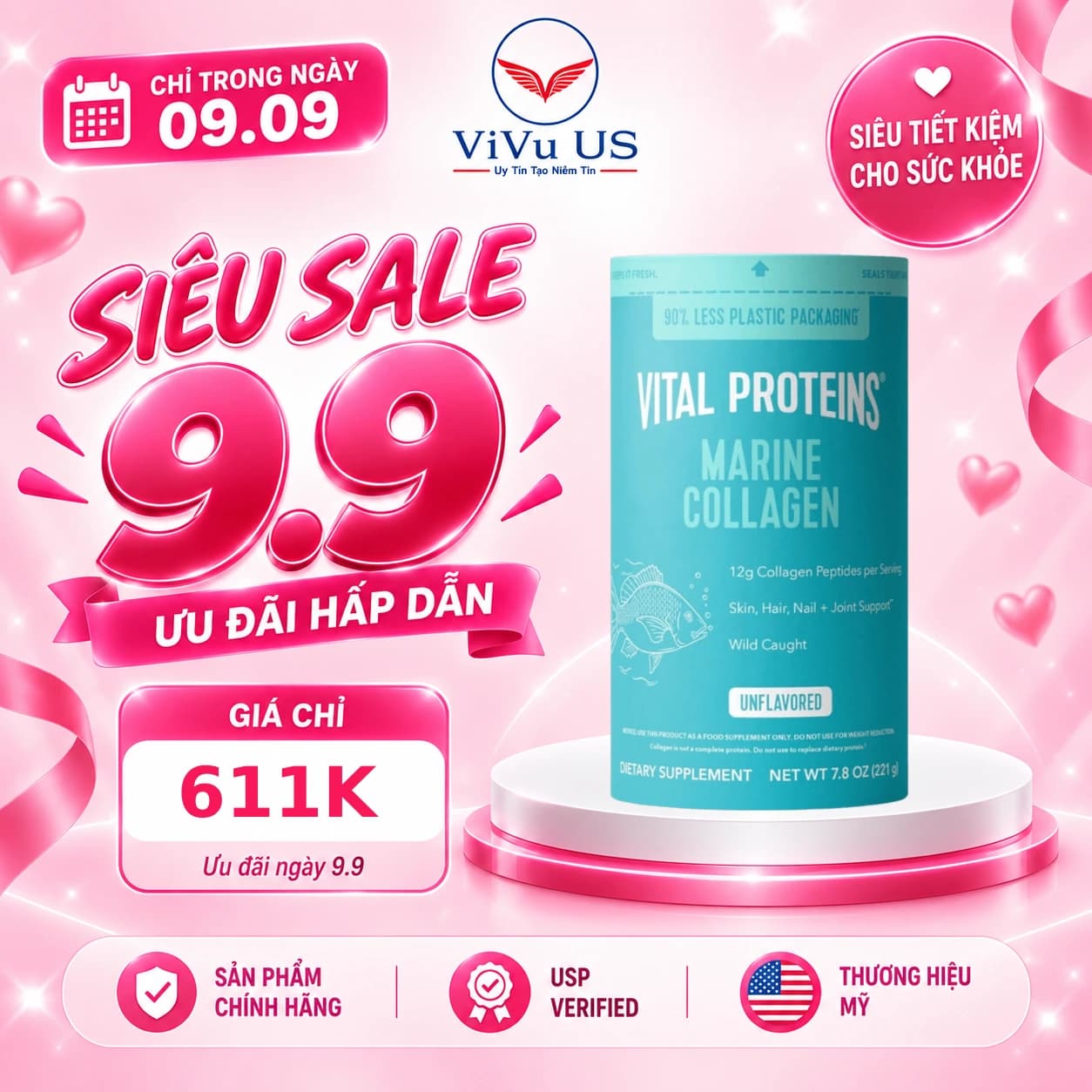 Bột Collagen Thủy Phân từ Cá Vital Proteins 221g của Mỹ