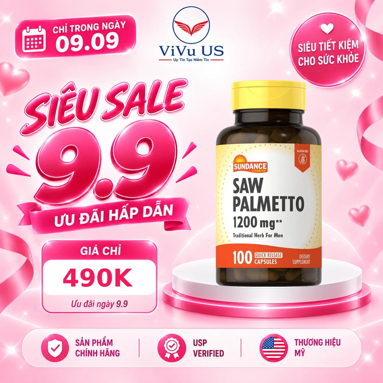 Viên Uống tiền liệt tuyến Saw Palmetto Sundance 1200mg 100 Viên của Mỹ