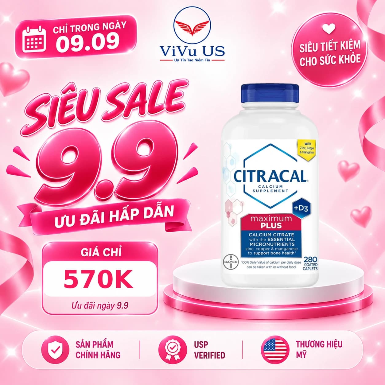 Viên Uống Bổ Sung Canxi Hỗ Trợ Xương Khớp Citracal Calcium Maximum Plus 280 viên.