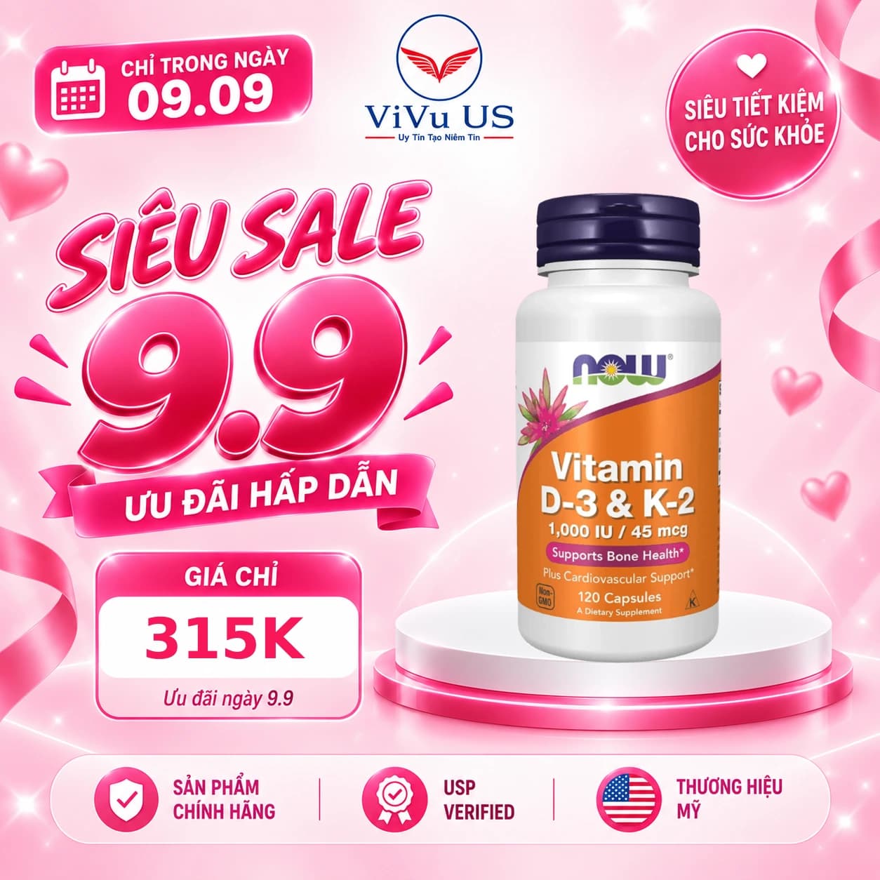 Viên Uống Now Vitamin D3 K2 1000 IU 45 mcg 120 Viên của Mỹ