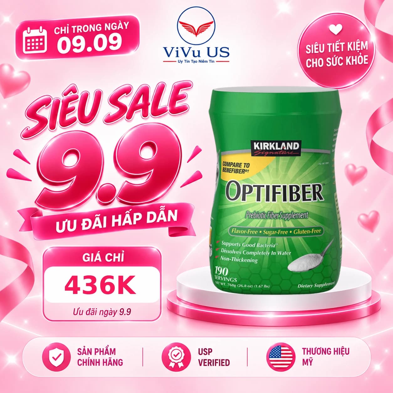 Bột Hòa Tan Bổ Sung Chất Xơ Kirkland Optifiber của Mỹ