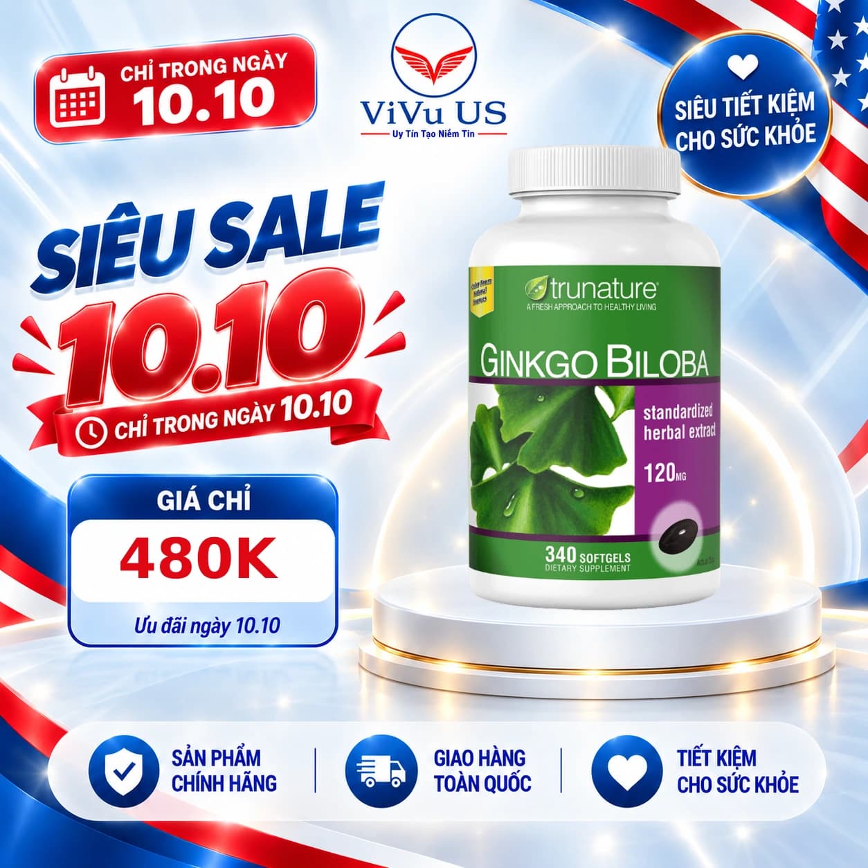 Viên Uống Bổ Não Ginkgo Biloba Trunature 340 Viên của Mỹ