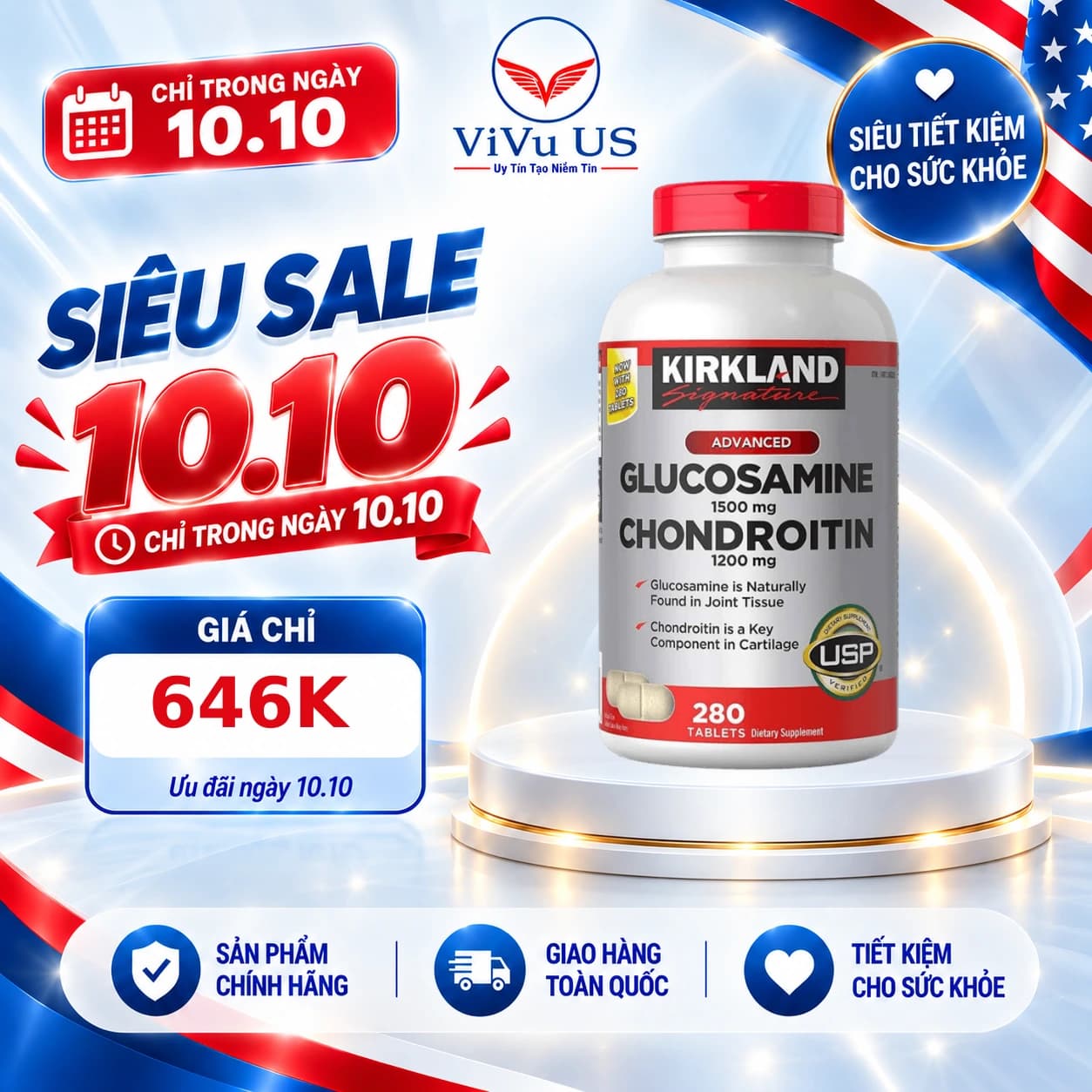Viên Uống Glucosamine 1500mg Chondroitin 1200mg 280 Viên của Mỹ