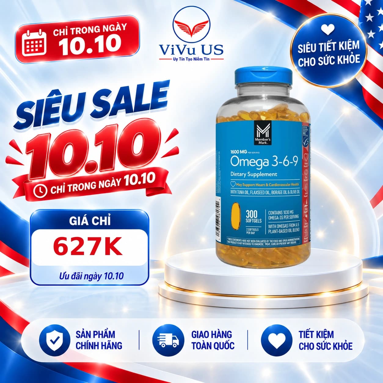 Viên Uống Omega 3-6-9 Member's Mark 1600mg 300 Viên của Mỹ
