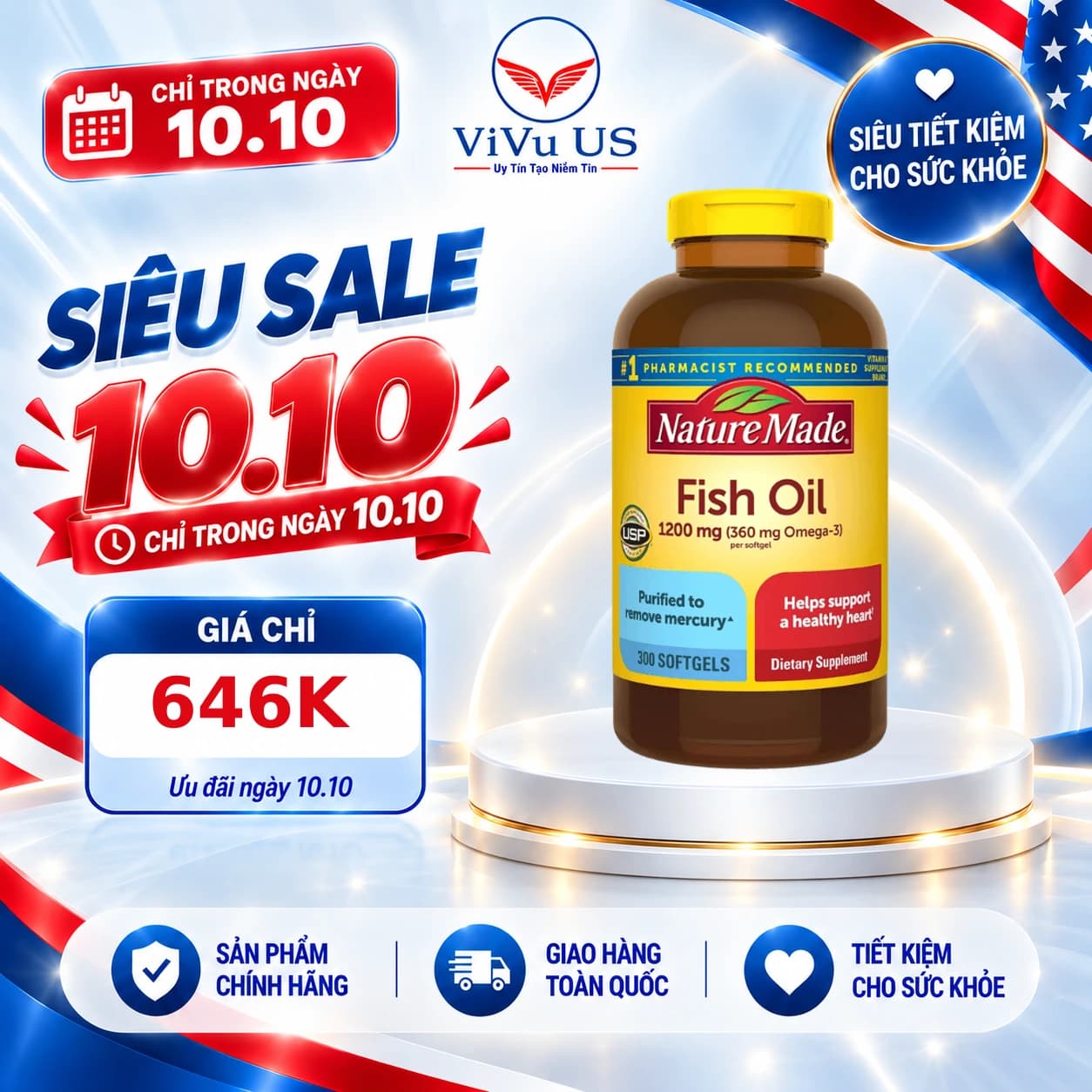 Dầu Cá Nature Made Fish Oil 1200mg Omega 3 300 Viên của Mỹ