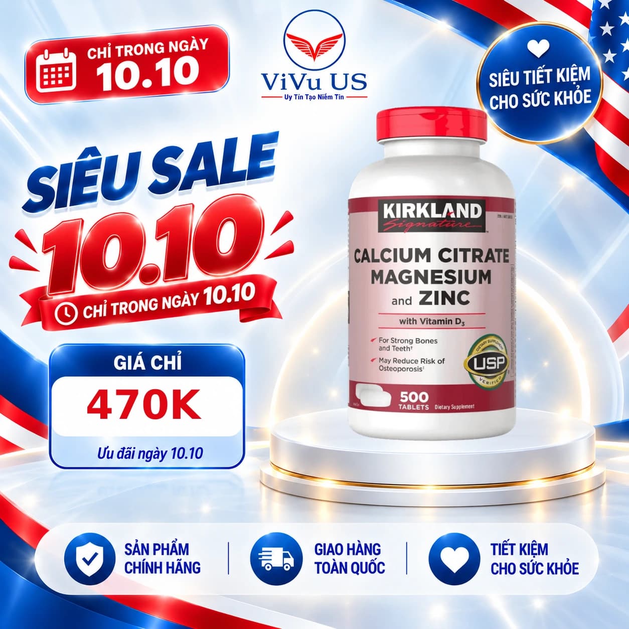 Viên Uống Canxi Magie Kẽm D3 Kirkland 500 Viên của Mỹ