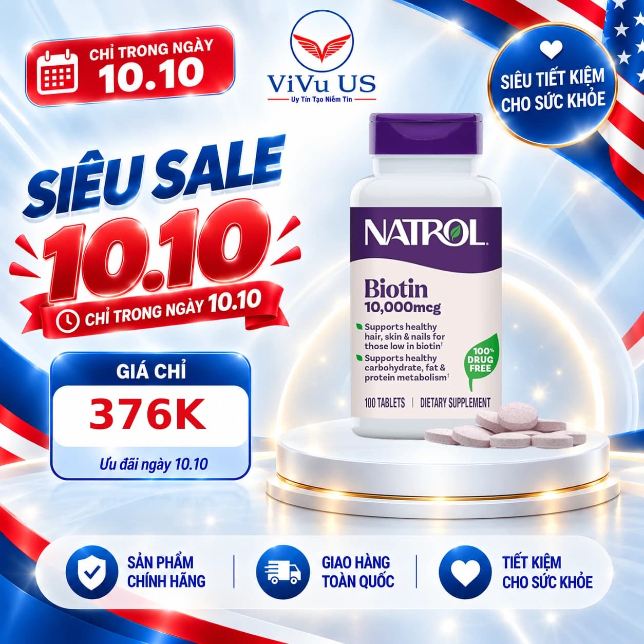 Viên Uống Biotin Natrol 10000mcg 100 Viên của Mỹ