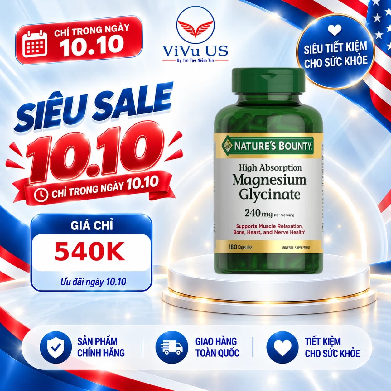Viên Uống Magnesium Glycinate Nature's Bounty 240mg của Mỹ