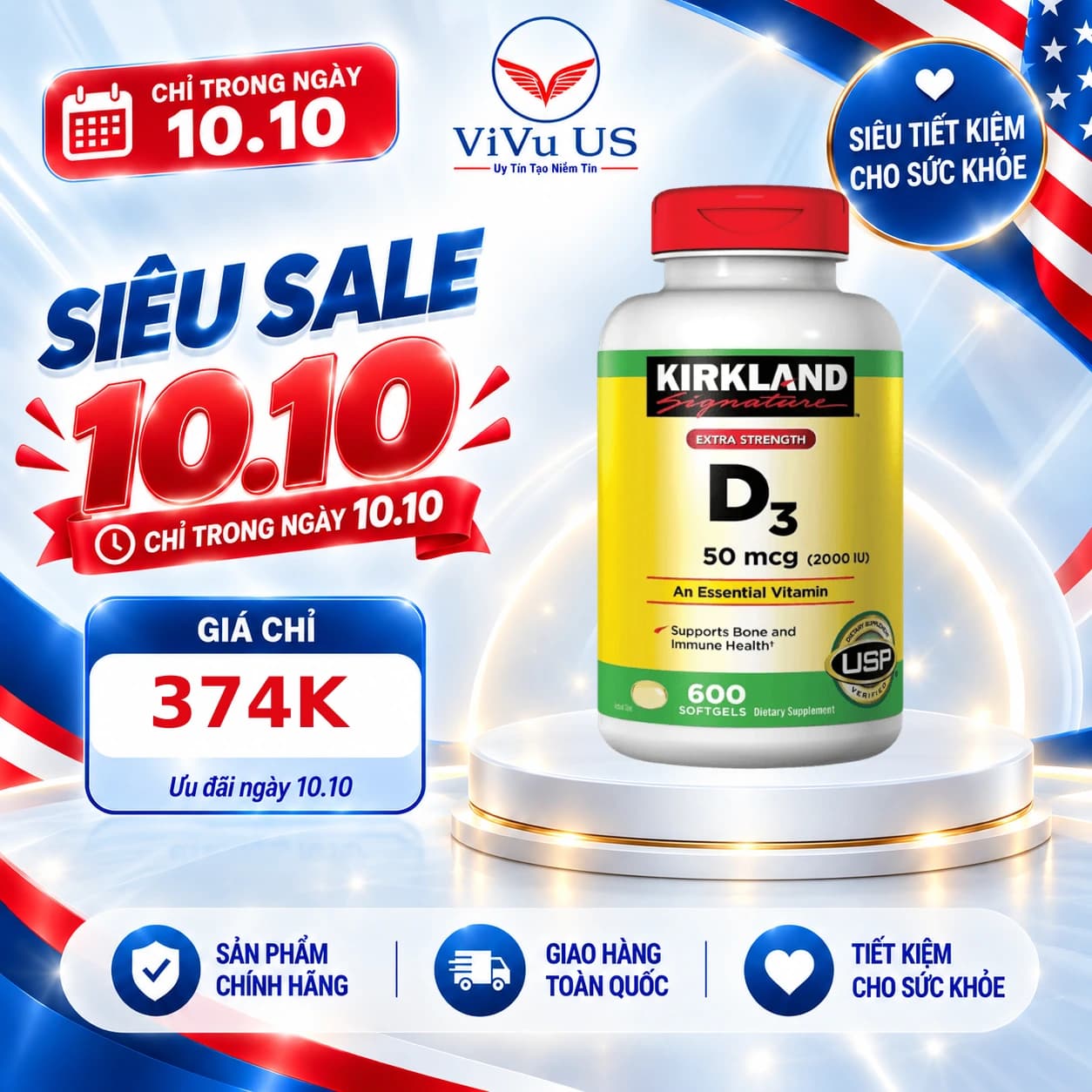 Viên Uống Vitamin D3 2000IU Kirkland 600 Viên của Mỹ