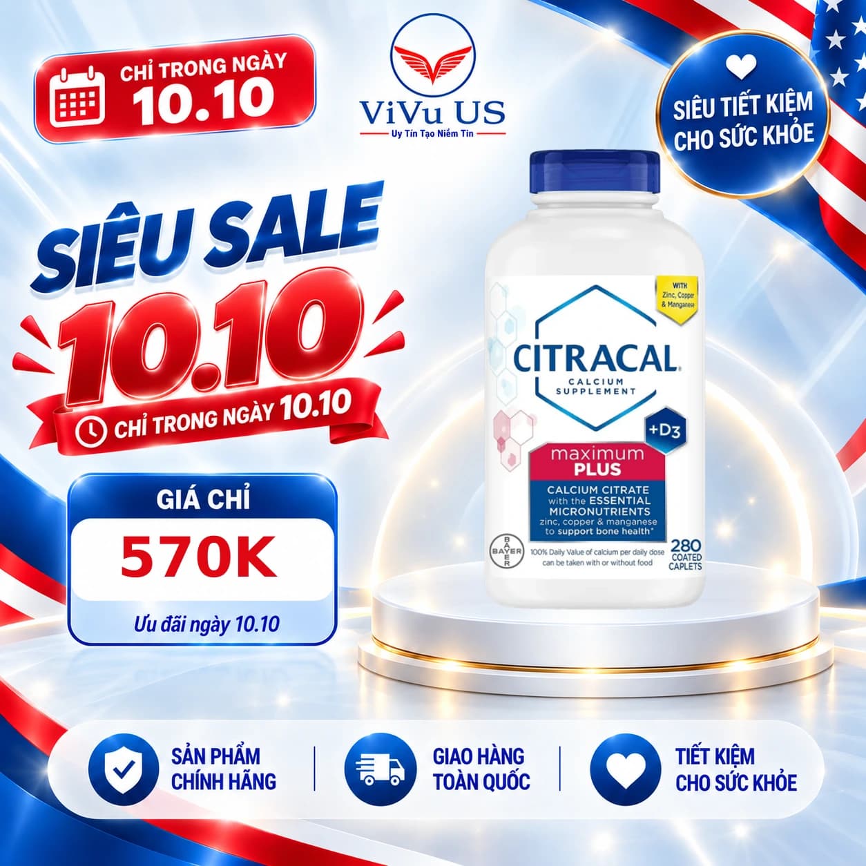 Viên Uống Bổ Sung Canxi Hỗ Trợ Xương Khớp Citracal Calcium Maximum Plus 280 viên.