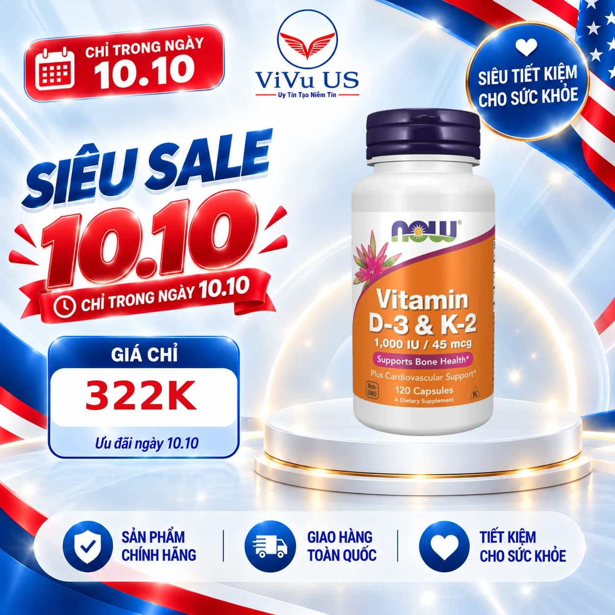 Viên Uống Now Vitamin D3 K2 1000 IU 45 mcg 120 Viên của Mỹ