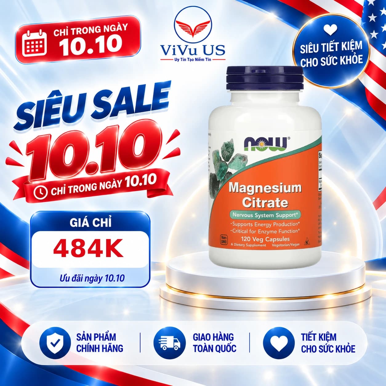 Viên Uống NOW Foods Magnesium Citrate 120 Viên Thực Vật của Mỹ