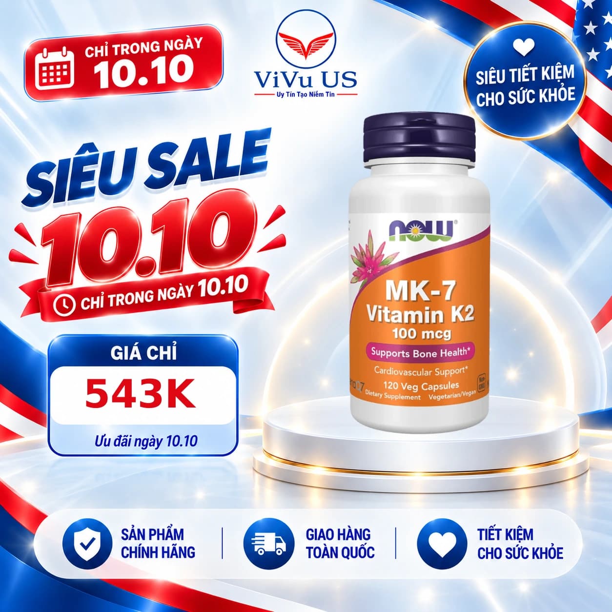 Viên Vitamin K2 MK7 100mcg Now 120 viên của Mỹ