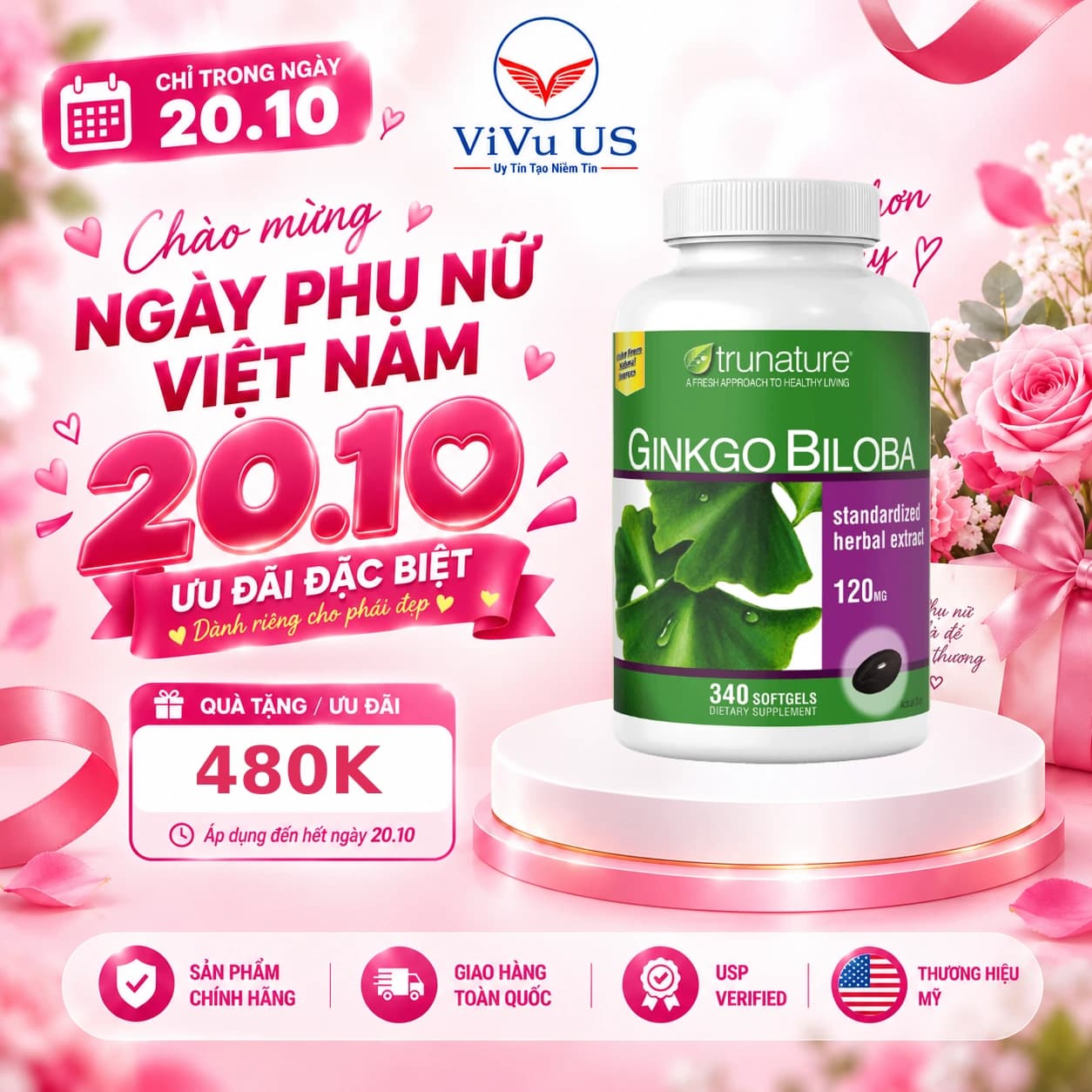 Viên Uống Bổ Não Ginkgo Biloba Trunature 340 Viên của Mỹ