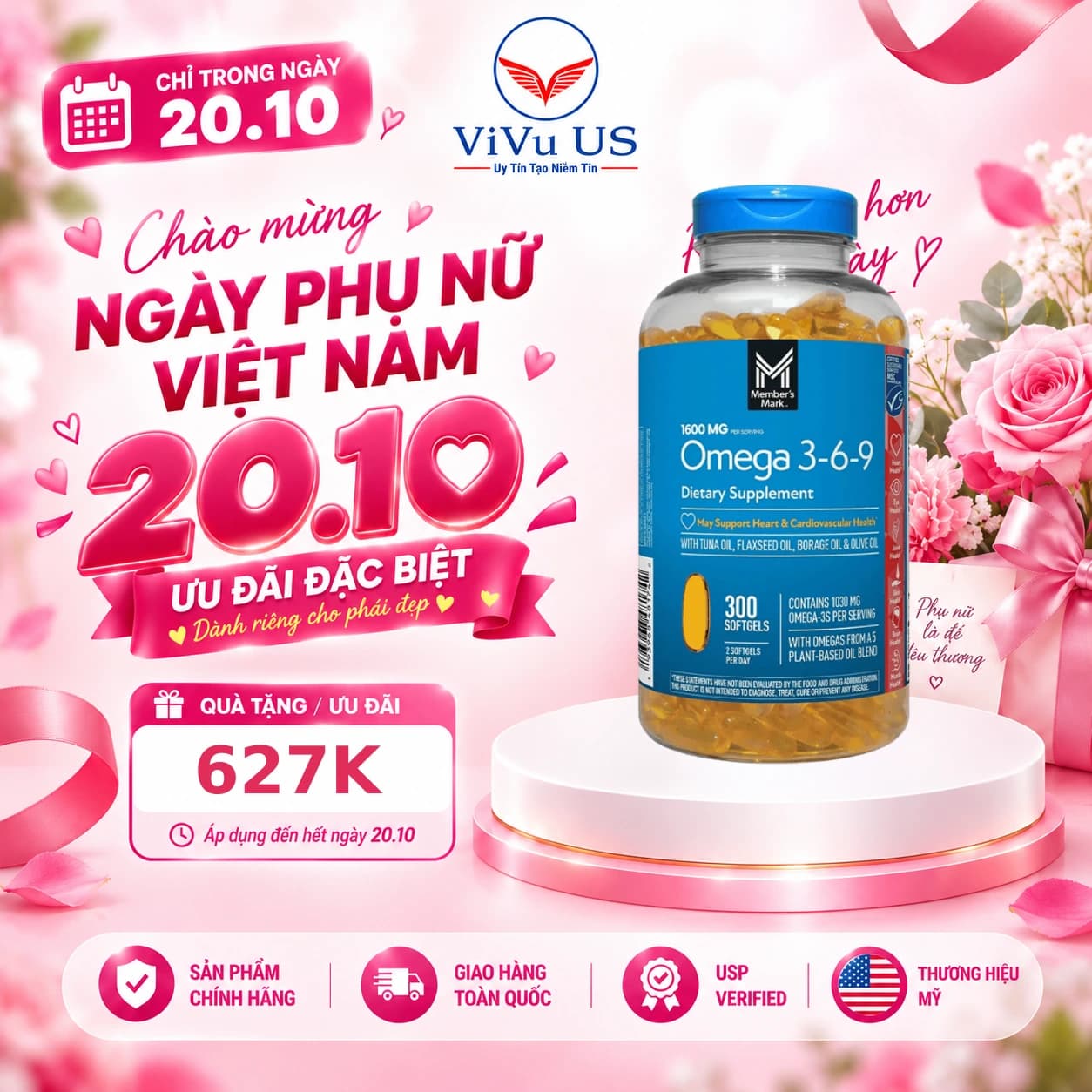 Viên Uống Omega 3-6-9 Member's Mark 1600mg 300 Viên của Mỹ
