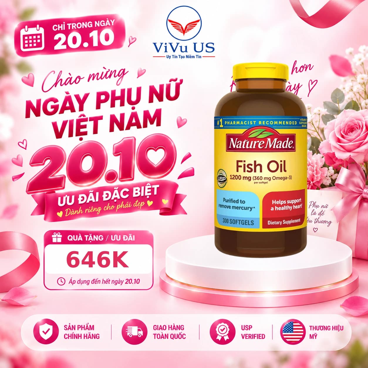Dầu Cá Nature Made Fish Oil 1200mg Omega 3 300 Viên của Mỹ