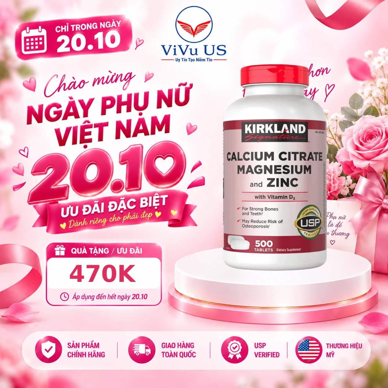 Viên Uống Canxi Magie Kẽm D3 Kirkland 500 Viên của Mỹ