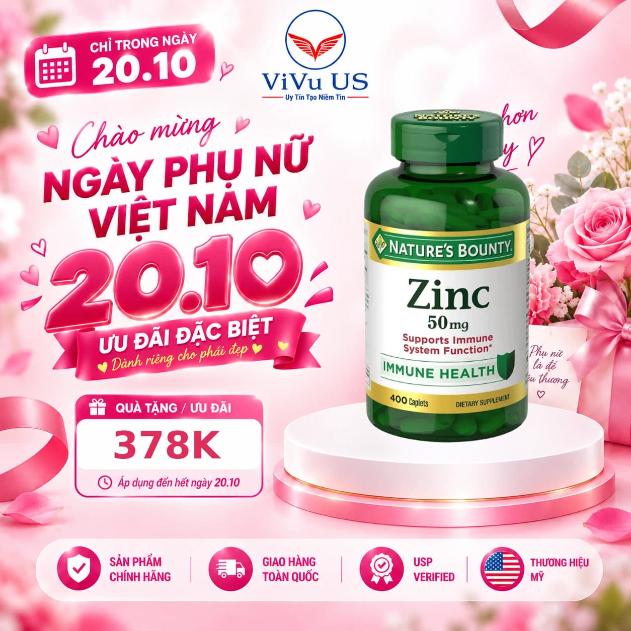 Viên Uống Kẽm Nature's Bounty Zinc 50mg 400 Viên của Mỹ