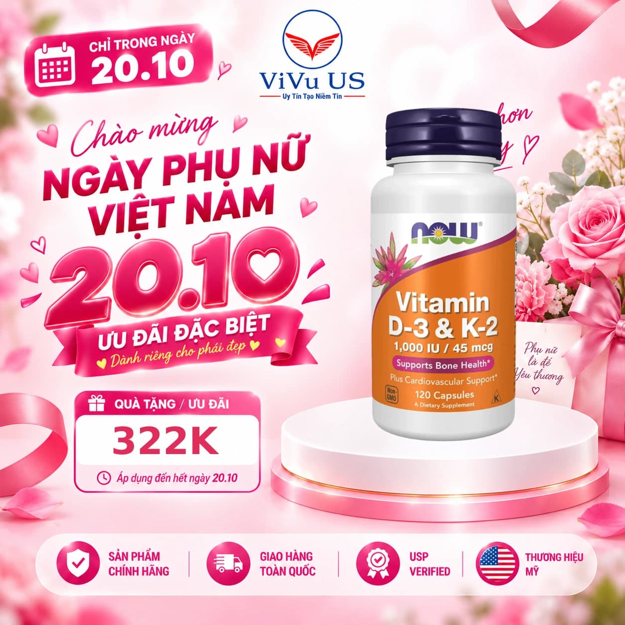 Viên Uống Now Vitamin D3 K2 1000 IU 45 mcg 120 Viên của Mỹ