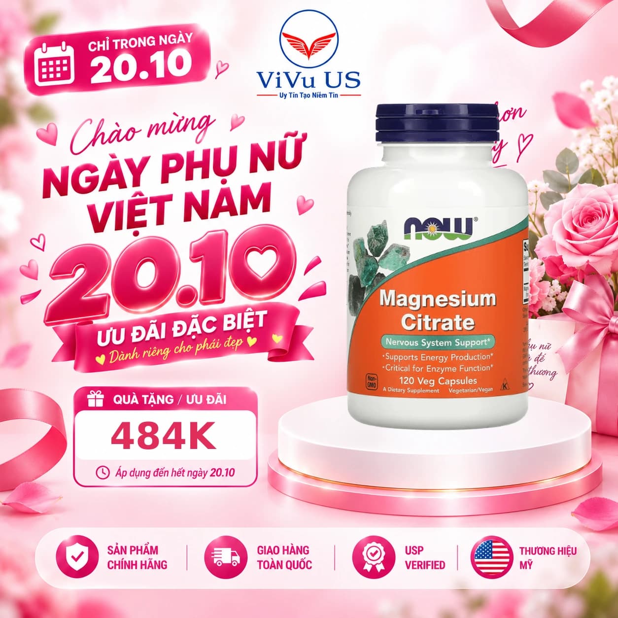 Viên Uống NOW Foods Magnesium Citrate 120 Viên Thực Vật của Mỹ