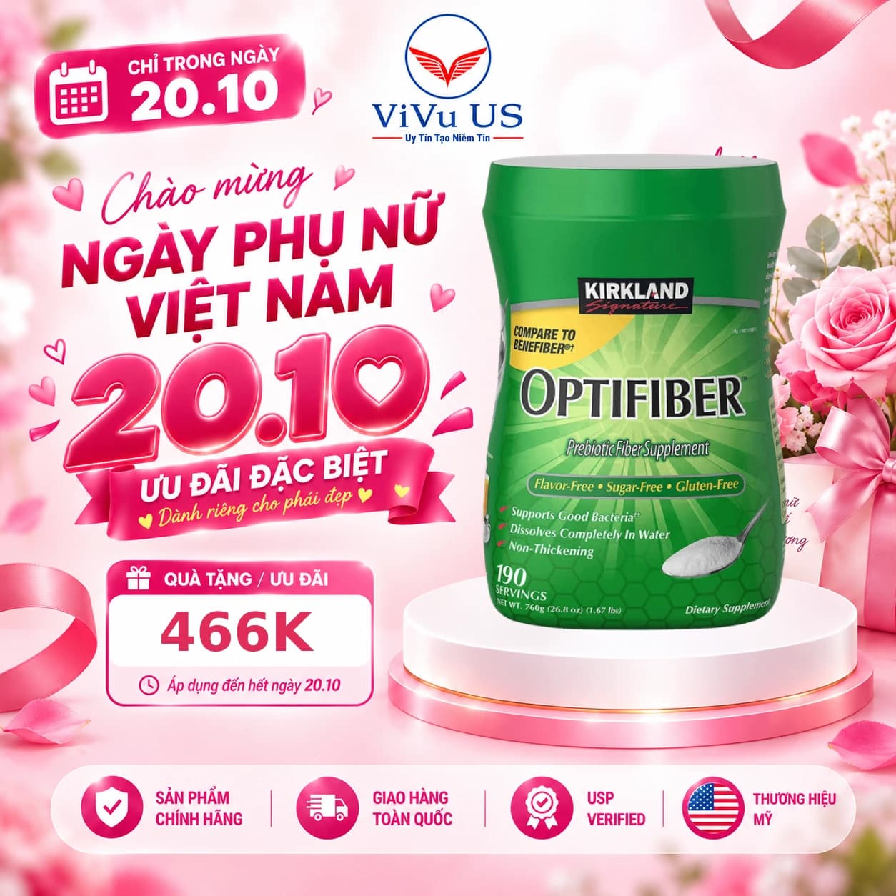 Bột Hòa Tan Bổ Sung Chất Xơ Kirkland Optifiber của Mỹ
