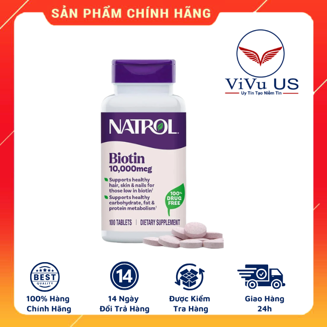 Natrol Biotin 10000mcg 100 viên mẫu mới 2026 hỗ trợ tóc và móng