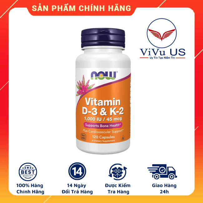 Hộp sản phẩm Now Vitamin D-3 & K-2 1000 IU 45 mcg 120 viên nang chay hỗ trợ xương khớp