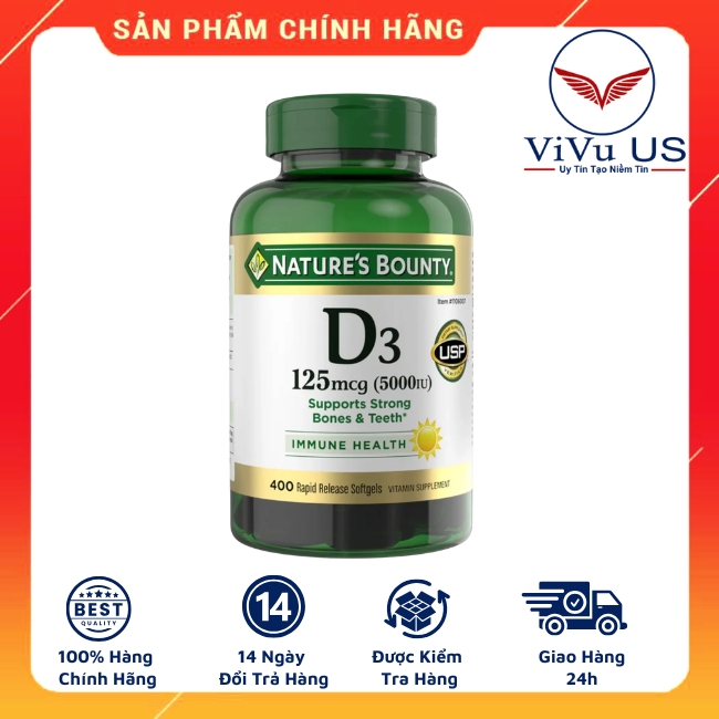Đánh giá viên uống Vitamin D3 125mcg 5000IU Nature's Bounty 400 viên chính hãng từ Mỹ