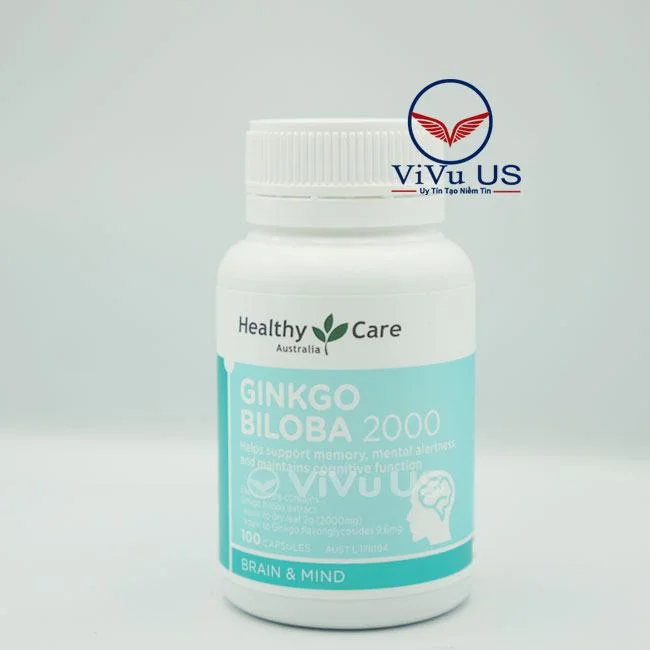 Chai Ginkgo Biloba 2000mg Healthy Care 100 viên đặt cạnh hộp sản phẩm
