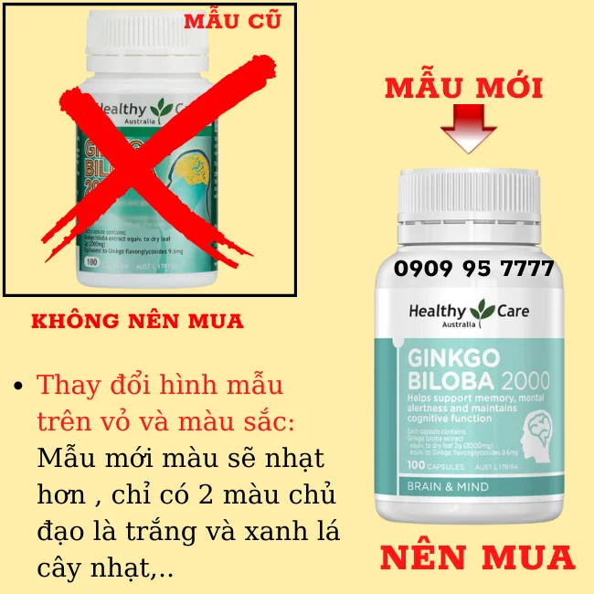 Ảnh phân biệt mẫu mới và mẫu cũ của Ginkgo Biloba 2000mg Healthy Care Úc