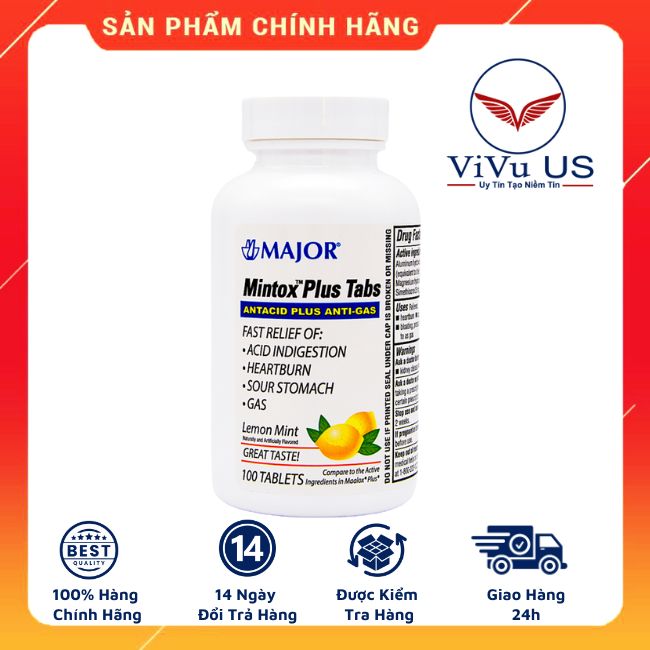 Viên nhai hỗ trợ dạ dày hiệu quả Major Mintox Plus Tabs Antacid 100 viên của Mỹ