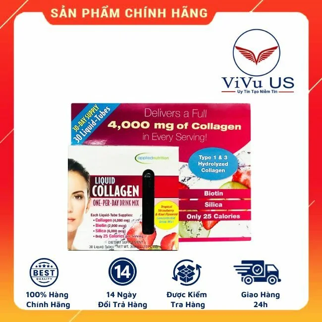Hộp sản phẩm Nước uống đẹp da Liquid Collagen Skin 30 tuýp của Mỹ đóng gói sang trọng
