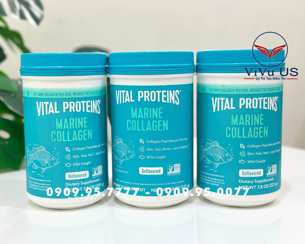 Hũ Vital Proteins Marine Collagen 221g đặt trên nền sáng, thể hiện dạng bột collagen từ cá