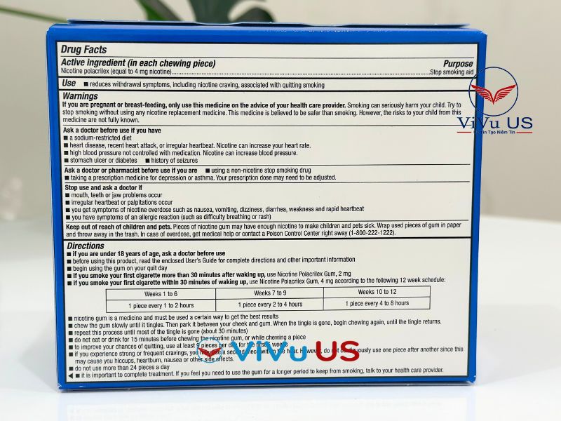 Thành Phần Kẹo Cai Thuốc Lá Quit 4 Original Nicotine Polacrilex Gum 4mg 190 Viên Của Kirkland Signature Mỹ