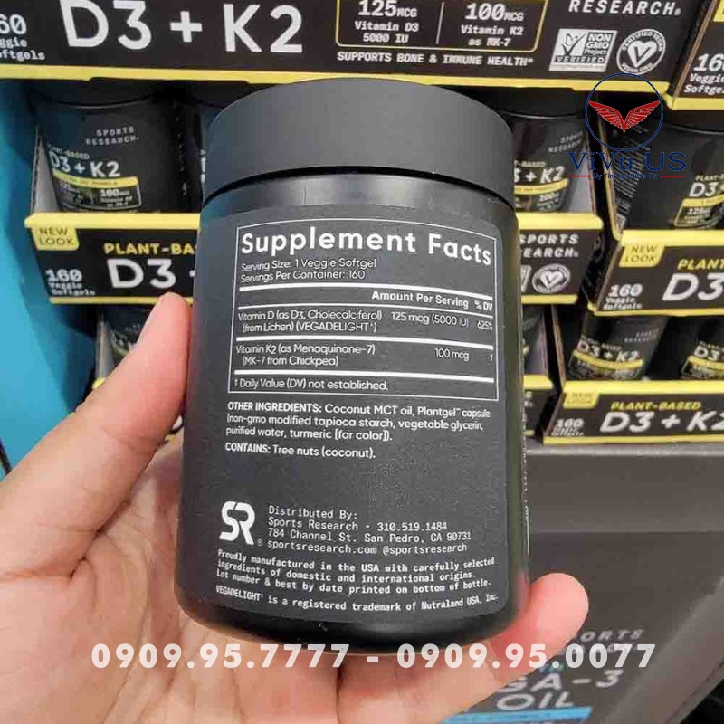 Thành Phần Vitamin D3 K2 Sports Research 160 Viên