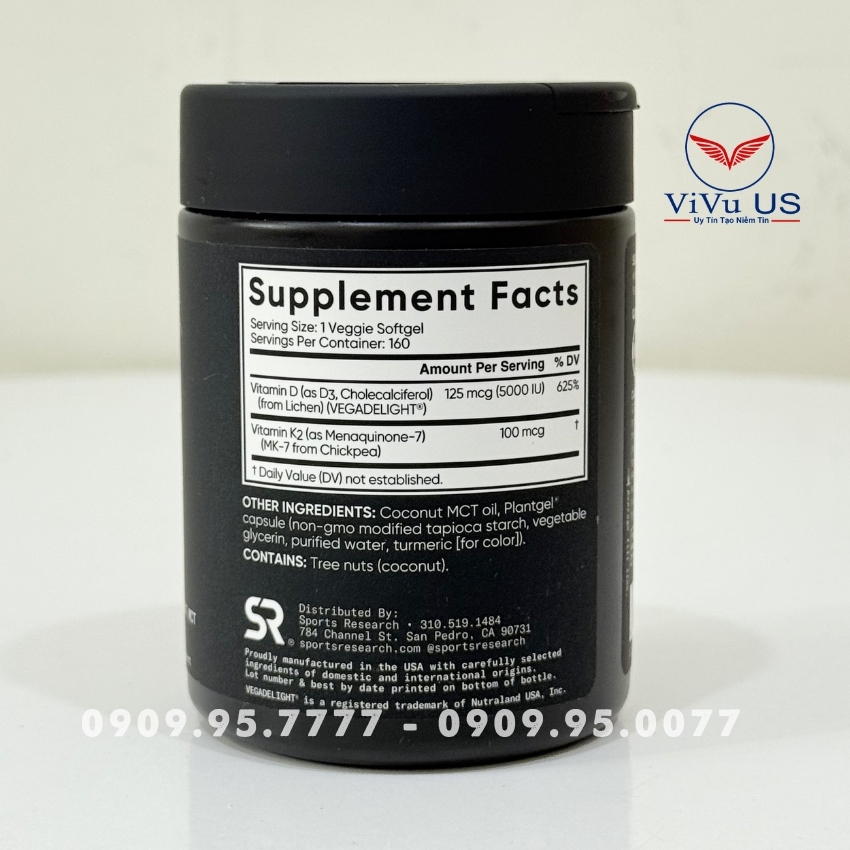 Thành Phần Vitamin D3 K2 Sports Research 160 Viên