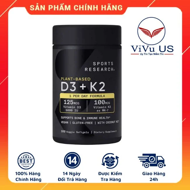 Viên uống Vitamin D3 K2 Sports Research 125mcg 160 viên của Mỹ chính hãng
