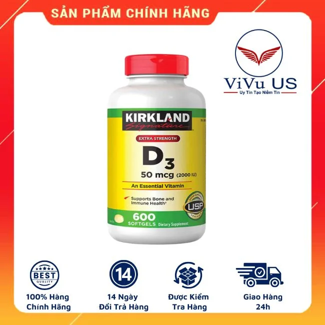 Vitamin D3 2000IU Kirkland hộp 600 viên hỗ trợ xương khớp và hệ miễn dịch