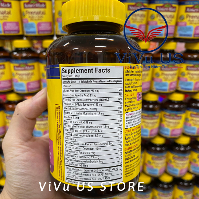Thành Phần Viên Uống Vitamin Cho Phụ Nữ Mang Thai Tổng Hợp Prenatal Multi +Dha 150 Viên Nature Made Mỹ